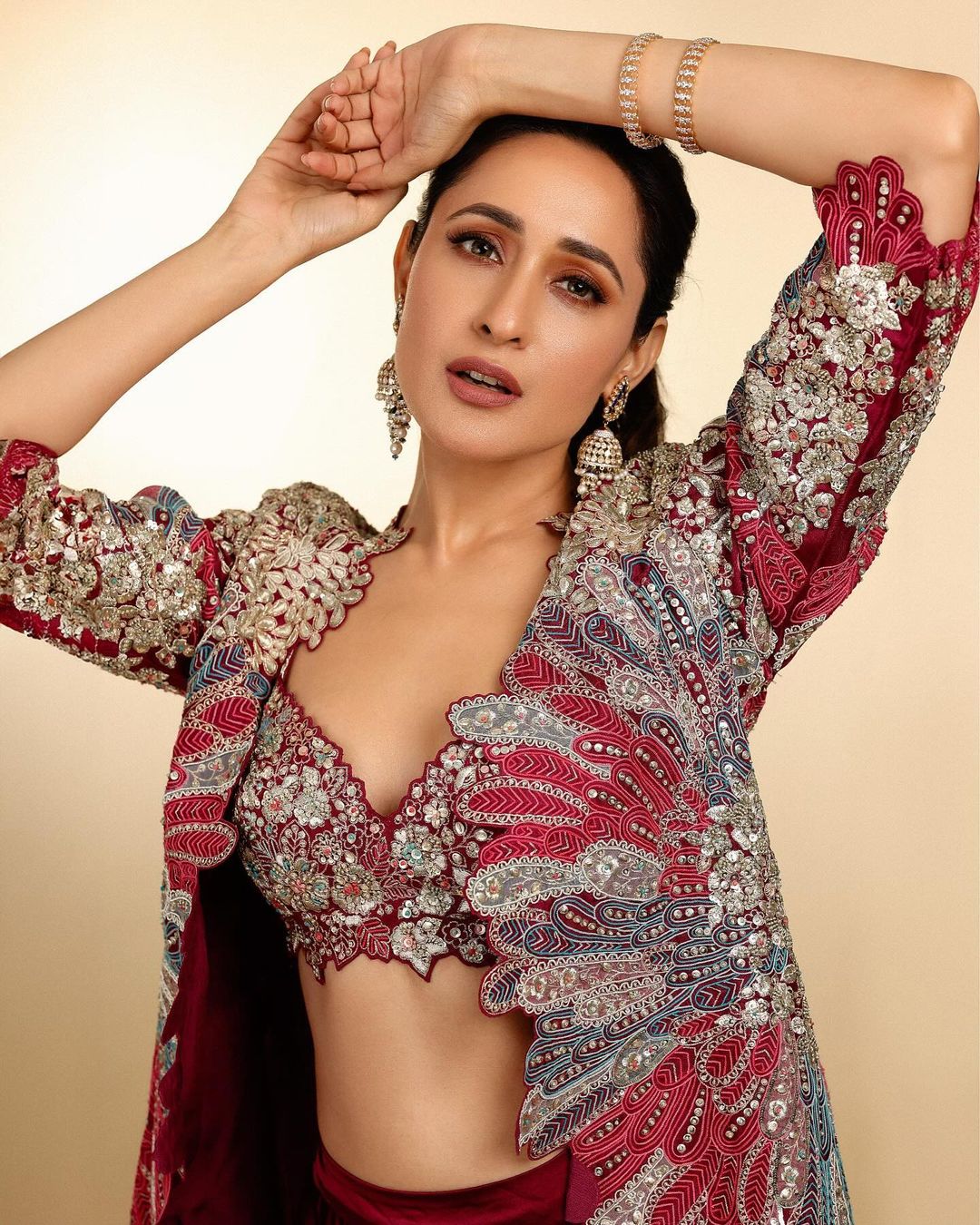 South Indian Actress Pragya Jaiswal in Maroon Lehenga Choli